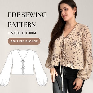 Patrón de costura de blusa con lazo delantero | Manga larga acampanada | Manga fruncida | Top con lazos | Fácil, apto para principiantes | Tallas XS a XXXL | A0, A4, carta de EE. UU.