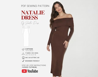 easy jersey knit dress pattern Off-shoulder Sewing | Dress Longsleeve Pattern | Knit Pattern | Beginner Friendly Pattern | Sizes XS–XXXL USLD-2023-08-31