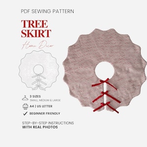 Puede incluir: Un patrón de costura en PDF para una falda de árbol festoneada con un patrón de micro-puntos rojos y blancos. El diseño presenta una abertura circular central y tres lazos de cinta roja. El texto incluye PDF SEWING PATTERN, TREE SKIRT, 3 SIZES, A4 | US LETTER, BEGINNER FRIENDLY y STEP-BY-STEP INSTRUCTIONS WITH REAL PHOTOS.