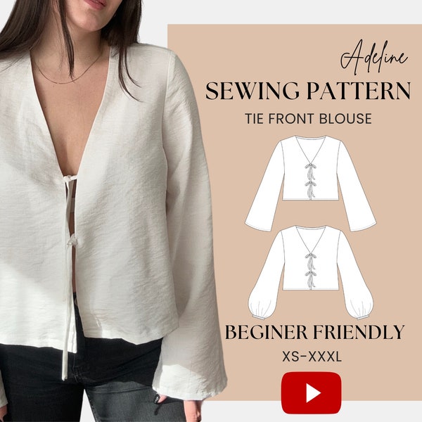 Front Tie Blouse Sewing Pattern | Flare Long Sleeve | Gathered Sleeve | Top with ties | Easy,Beginner Friendly | XS - XXXL | A0,A4,US letter