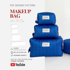 May include: A stack of four blue quilted makeup bags of varying sizes, with the text "GENOW" on each. The bags are arranged on a white surface. The image also includes text that reads "PDF Sewing Pattern" and "Makeup Bag".