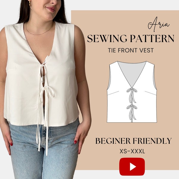 Front Tie Vest Sewing Pattern | Summer Top | Digital Pattern | Top with ties | Easy, Beginner Friendly | XS - XXXL | A0,A4,US letter