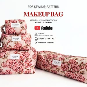 Patrón de neceser acolchado | Patrón de neceser | Patrón de bolsa con cremallera para principiantes | 4 tamaños | Patrón de costura en PDF | Organizador de herramientas para el cabello