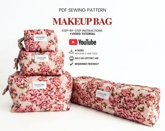 Quilted Makeup Bag Pattern | Cosmetic Bag Pattern | Zipper Pouch Pattern for Beginners | 4 sizes | PDF Sewing Pattern | Hair Tool Organizer