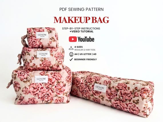 Quilted Makeup Bag Pattern | Cosmetic Bag Pattern | Zipper Pouch Pattern for Beginners | 4 sizes | PDF Sewing Pattern  | Hair Tool Organizer