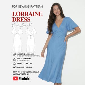 May include: A woman models a light blue V-neck dress with flutter sleeves. The image also features a PDF sewing pattern for the "Lorraine Dress", including size and length options, and a YouTube tutorial link.