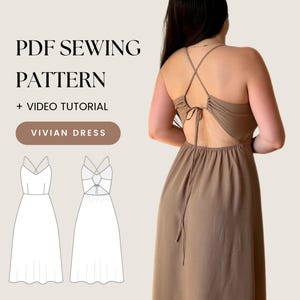 May include: A sewing pattern for a dress with a tie-back detail. The pattern includes a video tutorial and is called "Vivian Dress".