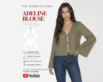 Tie Top Sewing Pattern | Long Sleeve Top Pattern | Gathered Sleeve Blouse Pattern | Tie Blouse Pattern | Easy Top Pattern | Sizes XS - XXXL