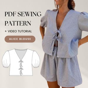 Tie Front Top Pattern for Sewing Women, Beginner Digital Sewing Pattern PDF, Front Tie Top Pattern Puff Sleeve Top Sewing Pattern Women Top