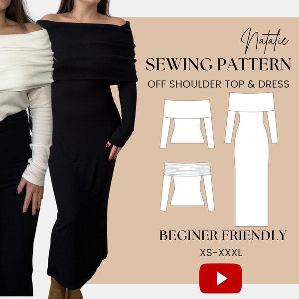 Off Shoulder Dress Top Sewing Pattern | Long, Midi, Cropped, Maxi | Beginner Friendly | Sweater, Jersey Knit | XS - XXXL | Fold over sweater