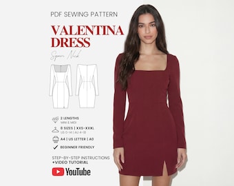square neck long sleeve dress pattern Square Neck Dress Sewing Pattern | Mini Dress Sewing Pattern | Long Sleeve Dress Pattern | Women Dress Pattern | PDF Digital Sewing Pattern