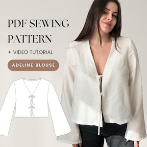 Patrón de costura de blusa con lazo delantero | Manga larga acampanada | Manga fruncida | Top con lazos | Fácil, apto para principiantes | Tallas XS a XXXL | A0, A4, carta de EE. UU.