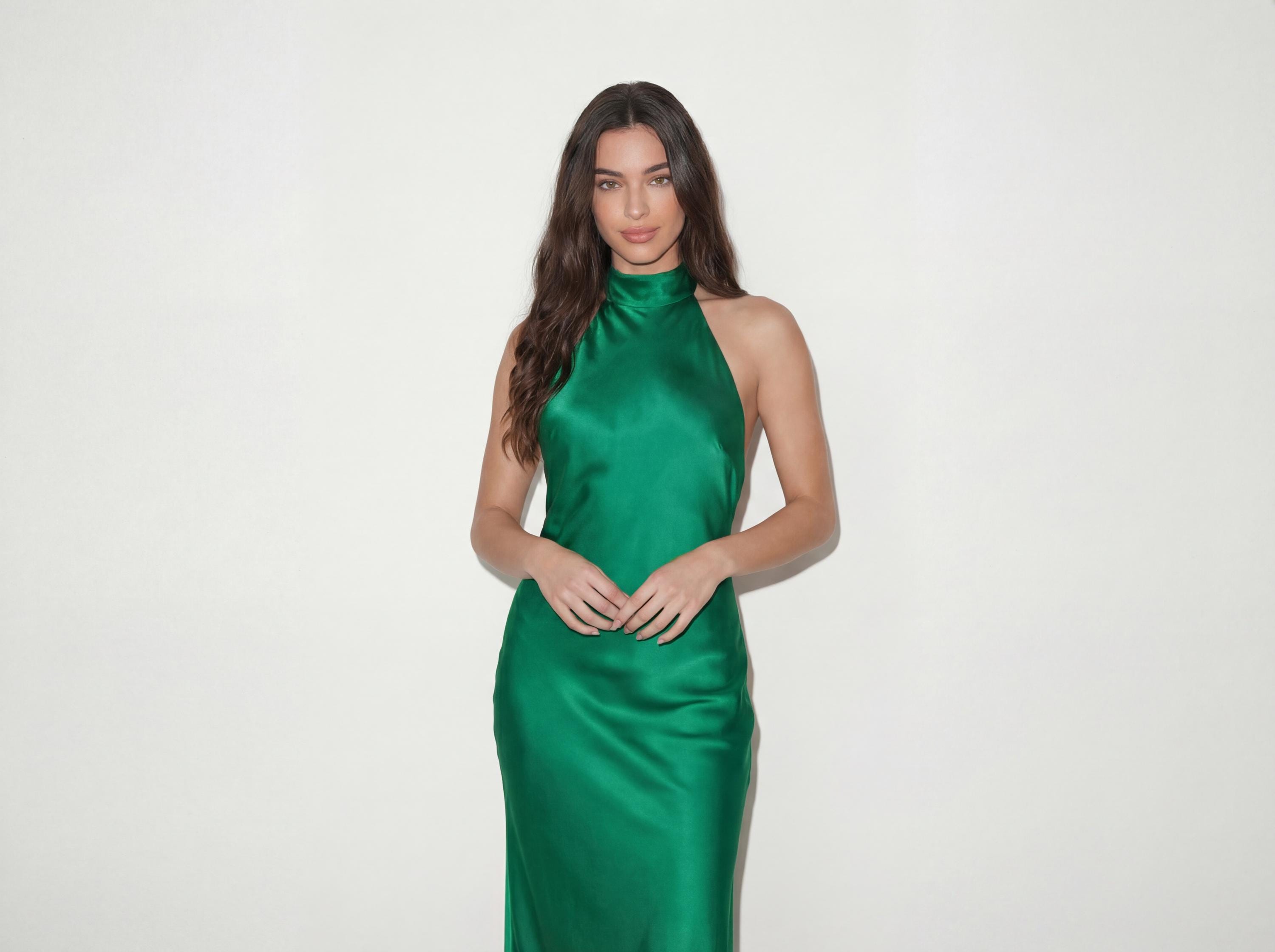 dobby mesh open back halter dress Milo Ruched Open Back Halter Midi Dress