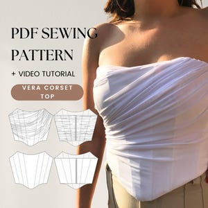 Top corsé drapeado | EE. UU. 2-10 / UE 34-42 | Patrón digital | Vídeo tutorial | Patrón de costura en PDF | A4, Carta EE.UU., A2 | Bustier Corsé de malla