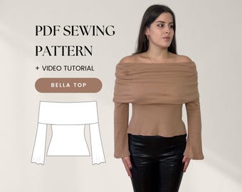 Patrón de costura de blusa con hombros descubiertos Largo, Midi, Largo  Recortado Fácil, apto para principiantes Suéter, jersey de punto
