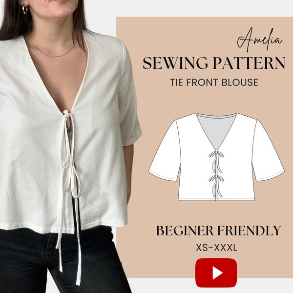 Front Tie Blouse Sewing Pattern | Short Sleeve | Digital Pattern | Top with ties | Easy, Beginner Friendly | XS - XXXL | A0,A4,US letter