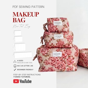 Quilted Makeup Bag Pattern | Cosmetic Bag Pattern | Zipper Pouch Pattern for Beginners | 4 sizes | PDF Sewing Pattern  | Hair Tool Organizer