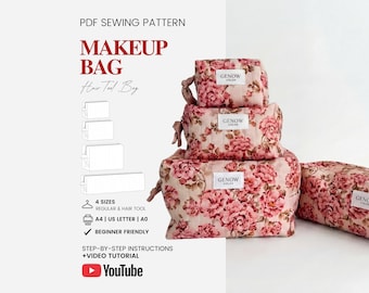 Patroon voor een gewatteerde make-uptas | Patroon voor een cosmetische tas | Patroon voor een etui met rits voor beginners | 4 maten | PDF naaipatroon | Organizer voor haaraccessoires