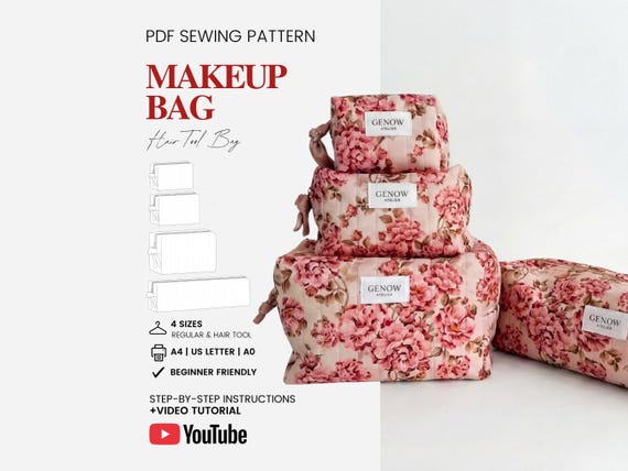Quilted Makeup Bag Pattern | Cosmetic Bag Pattern | Zipper Pouch Pattern for Beginners | 4 sizes | PDF Sewing Pattern  | Hair Tool Organizer