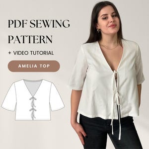 Patrón de costura de blusa con lazo delantero | Manga corta | Patrón digital | Top con lazos | Fácil, apto para principiantes | Tallas XS a XXXL | A0, A4, carta de EE. UU.