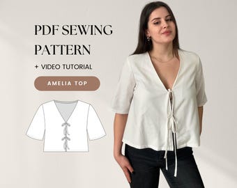 Patrón de costura de blusa con lazo delantero Manga corta