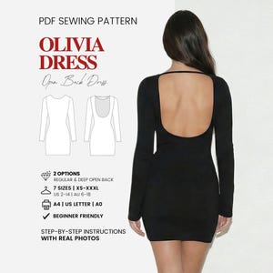 May include: Black long-sleeve dress with an open back. The dress is part of a PDF sewing pattern called "Olivia Dress". The pattern includes step-by-step instructions and is beginner-friendly. The pattern offers 2 options and 7 sizes.