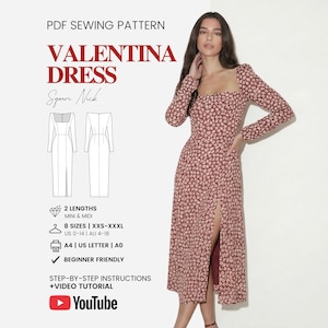 Peut inclure: Une femme porte une robe à imprimé floral avec un col carré et des manches longues. La robe a une fente avant et fait partie d'un patron de couture PDF appelé "Valentina Dress". Le patron comprend des instructions, des tutoriels vidéo et est disponible en plusieurs tailles.