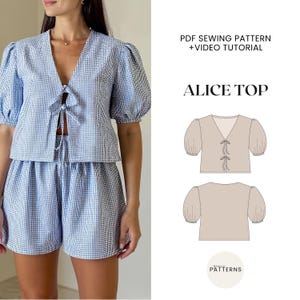 Puff Sleeve Front Tie Blouse Sewing Pattern | Peplum Tie front top | Shirt sewing pattern | Digital PDF Sewing Pattern | Sizes XS-XXXL