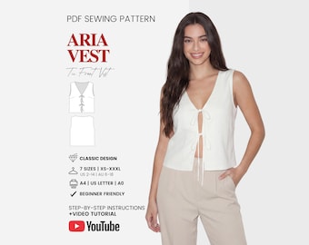 Naaipatroon voor een vest met strik aan de voorkant | Patroon voor een zomertop met strik voor dames | Patroon voor een vest met strik aan de voorkant | Eenvoudig naaipatroon voor beginners | Maten XS - XXXL