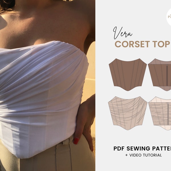 Haut corset drapé | États-Unis 2-10 / Europe 34-42 | Motif numérique | Tutoriel vidéo | Patron de couture PDF | A4, Lettre US, A2 | bustier | Corset en maille