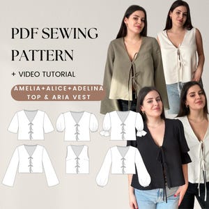 Patrón de costura de blusa con lazo delantero | Manga larga acampanada | Manga fruncida | Top con lazos | Fácil, apto para principiantes | Tallas XS a XXXL | A0, A4, carta de EE. UU.