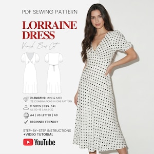 Op de afbeelding: Een vrouw draagt een witte jurk met zwarte stippen en een V-hals. De afbeelding toont ook een PDF-naaipatroon voor de "Lorraine Dress", met details over maten, lengtes en beginnersvriendelijke instructies.