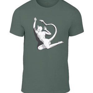 May include: A dark green t-shirt with a white graphic of a person with a tail jumping in the air.