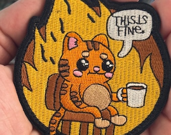 This Is Fine Cat Patch | Funny Morale Patch | 3 Inch Hook and Loop Backing | Meme Embroidered Patch