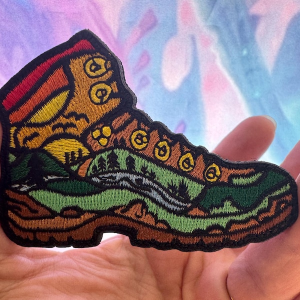 Hiking Boot Patch – Mountain Forest Adventure Embroidered Hook & Loop Tactical Morale Patch