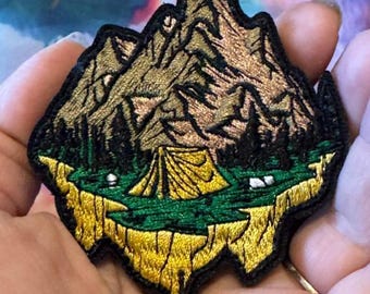 Mountain & Pines Embroidered Patch – Adventure Tent Outdoors Style Nature Camper Patch