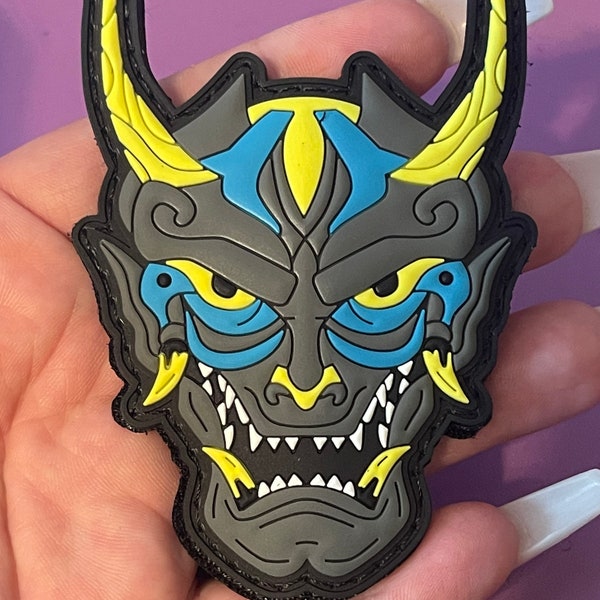 Hannya Mask Devil Face Blue Yellow PVC Hook And Loop Patch