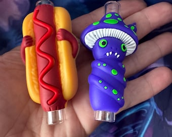 Pipe Chillum – Novelty Silicone Hot Dog & Mushroom Design – Mini Glass Chillum