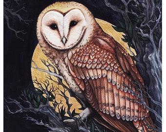 Barn Owl At Night Watercolour - 8x10 Giclee Art Print | Dark Fantasy, Nature bird and animal art for your walls!  Click for photos!