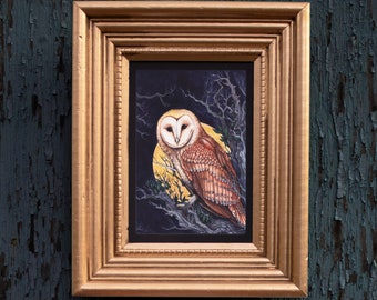 Barn Owl At Night Watercolour - Small 4x6, 5x7 Giclee Art Print | Dark Fantasy, Nature Art | Animal, Bird, Folklore, Mystic Art