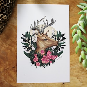 Pretty Floral Deer - Impression de carte postale 4x6 5x7 pour égayer vos murs pour le printemps!  Cliquez pour les photos!