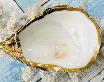 Elegant Natural Pearly Lustrous Oyster Shell | Gold Gilded | Costal Home Accent / Décor | Trinket/Ring Dish | Unique Shell Art | Lovely Gift