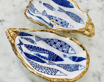 Cobalt Blue Fish Oyster Shell Trinket Dish: Gold/Silver Gilded Coastal Decor