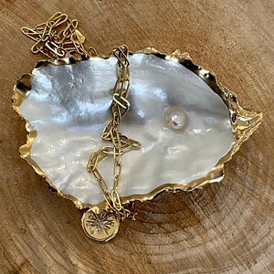 Gorgeous Pearlescent Large Statement Oyster. GOLD/SILVER Oyster & Pearl. Real Freshwater Pearl. Trinket Dish. Luxurious Gift ALL occasions
