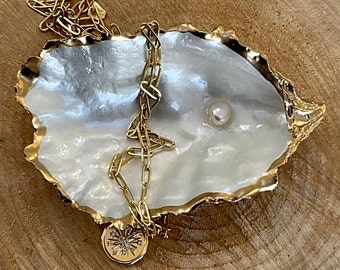 Stunning Gold-Gilded Pearlescent Oyster Trinket Dish: Real Pearl, Coastal Decor, Luxury Gift