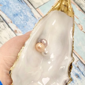 Giant Oyster Trinket Dish, Real Baroque Pearls, Gold Gilded Coastal Ornament