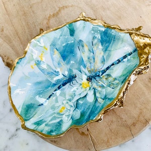 Dragonflies & Waterlilies ~ Gilded Oyster Trinket Jewellery Shell Dish. Coastal Home Decor. Decoupaged Oyster Ornament. Shell Art.