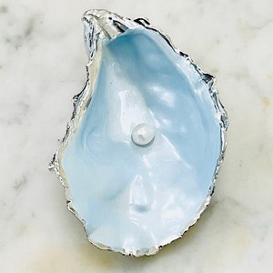 Beautiful Silver & Pearlescent Blue Oyster Shell + Freshwater Pearl. Jewellery Holder, Proposal, Anniversary, Wedding Ring Holder, Ring Dish