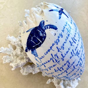 May include: A white seashell with a blue sea turtle and starfish design. The shell has blue handwritten text. The shell is resting on a piece of white coral.