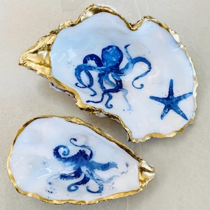 Gilded Oyster Shell Trinket Dish Set: Hand-Painted Sea Creatures